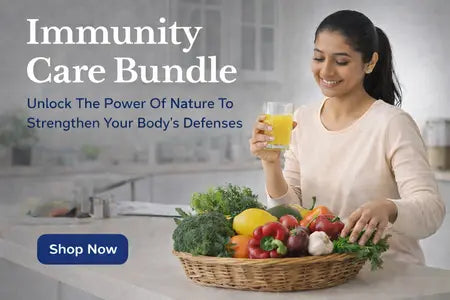 Indian woman in a modern kitchen with fresh fruits and juice showcasing Lamar Immunity Care Bundle for daily natural immunity support
