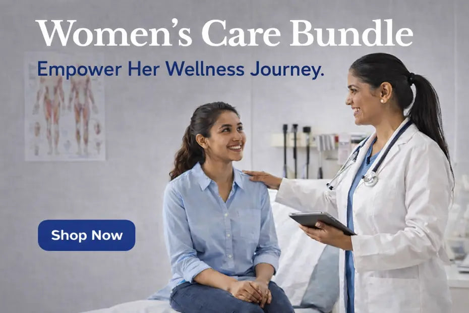 Indian female doctor consulting a woman patient highlighting Lamar Women’s Care Bundle for holistic women’s health and wellness
